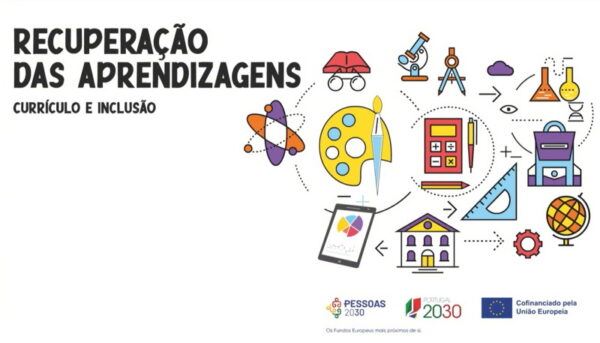 Imagem alusiva ao Vídeo Promocional do Projeto "Recuperação das Aprendizagens – Currículo e Inclusão", contendo o título do vídeo no canto superior esquerdo, logos relativos ao cofinanciamento por fundos europeus no canto inferior direito e imagens ilustrativas à direita.