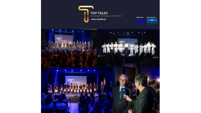 Colagem de quatro imagens do evento de oratória Top Talks, mostrando jovens no palco perante o público e o encerramento com entrevistas. No topo, surgem os logótipos da Associação Portuguesa de Oratória, da RTP e da UNESCO.