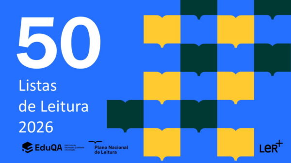 Cartaz digital com o texto "50 Listas de Leitura 2026", acompanhado pelos logótipos da EduQA, do Plano Nacional de Leituras e do programa Ler+.