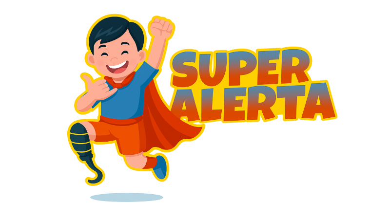Logótipo do concurso Escola Alerta com a ilustração de um rapaz sorridente, vestido de super-herói e com uma prótese na perna direita, a saltar ao lado do texto "SUPER ALERTA".