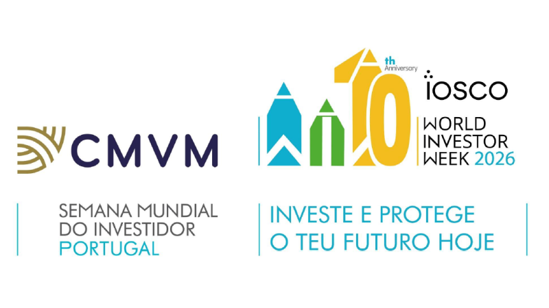 Banner da Semana Mundial do Investidor 2026 em Portugal, promovida pela CMVM e IOSCO, com o lema "Investe e protege o teu futuro hoje".