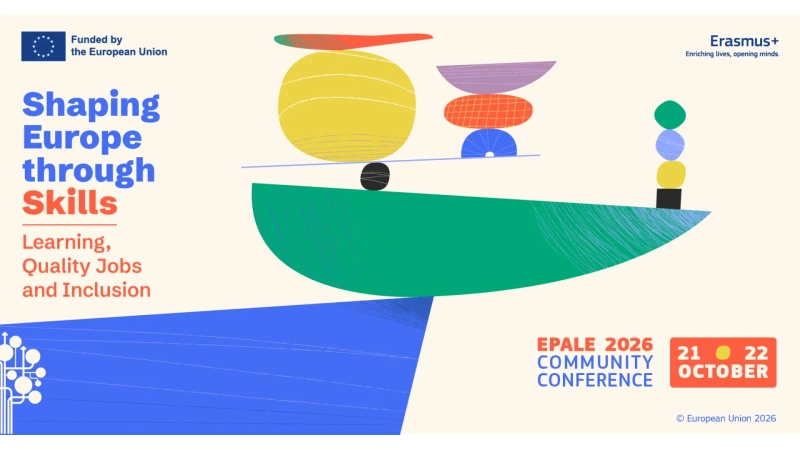 Cartaz da EPALE 2026 Community Conference com o lema "Shaping Europe through Skills" e as datas de 21 e 22 de outubro.