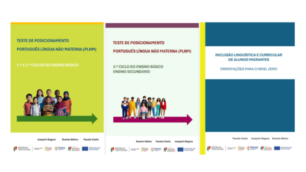 Três capas de documentos oficiais sobre a inclusão linguística de alunos migrantes e Português Língua Não Materna (PLNM).