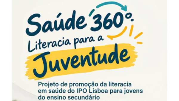 Logótipo do projeto "Saúde 360° Literacia para a Juventude", um projeto de promoção da literacia em saúde do IPO Lisboa direcionado para jovens do ensino secundário.