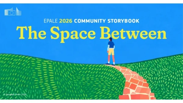 Parte da capa do livro digital "EPALE 2026 Community Storybook" intitulado "The Space Between". A ilustração digital mostra uma pessoa no topo de uma colina verde a olhar para o horizonte azul, no final de um caminho de pedra.