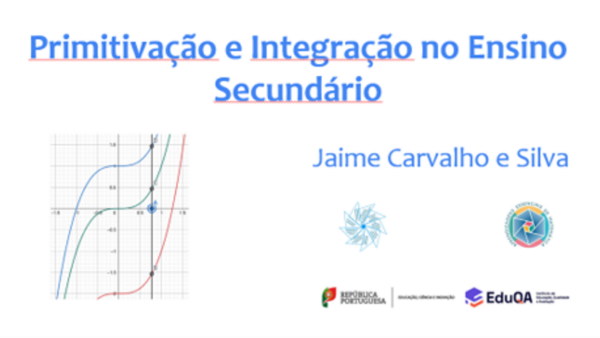 Slide de abertura do webinar "Primitivação e Integração no Ensino Secundário", da autoria de Jaime Carvalho e Silva, com um gráfico matemático e logótipos institucionais.