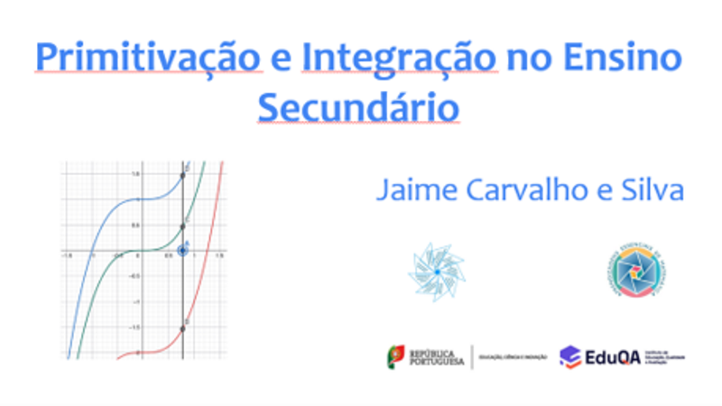Slide de abertura do webinar "Primitivação e Integração no Ensino Secundário", da autoria de Jaime Carvalho e Silva, com um gráfico matemático e logótipos institucionais.